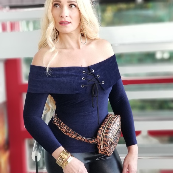 . Tops - TALISA Soft Ribbed Off Shoulder Top - Blue